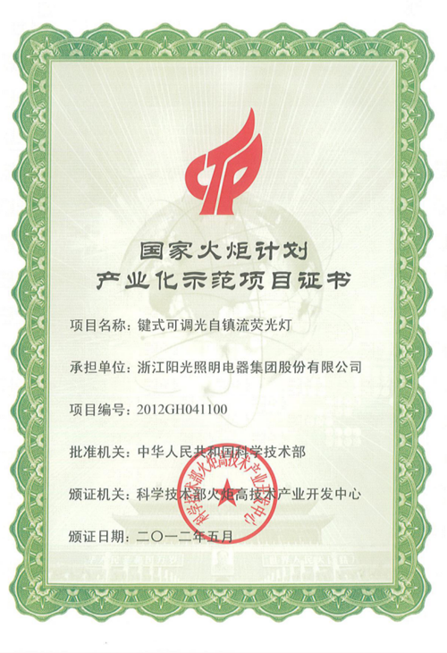 国家火炬计划项目证书